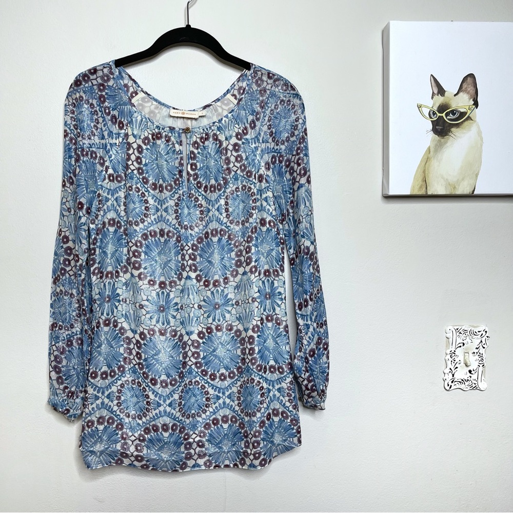 Tory Burch Silk Blend Shimmer Top in Blue & Maroon Floral Print Size 2